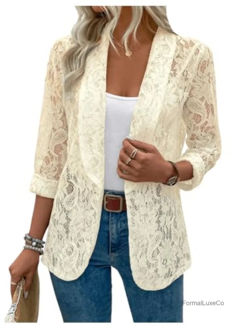 Lace Open Front Long Sleeve Sheer Casual Blazer Jacket